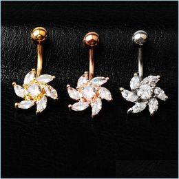 Navel Bell Button Rings Stainless Steel Navel Pin Human Body Puncture Zircon Inlaid Fashion Ornaments Bauhinia Man Woman High Qualit Dhfwa