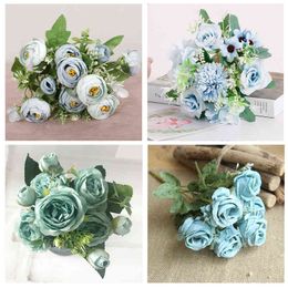 Faux Floral Greenery 1 Bouquet Blue Artificial Flowers Peony Tea Rose Autumn Silk Fake Flowers For Diy Living Room House Garden Wedding Decoration J220906