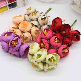 Faux Floral Greenery 6 Pieces Mini Tea Rose Bud Artificial Flowers For Wedding Home Decoration Jewellery Accessories Fleurs Scrapbooking Diy Craft Supplies J220906