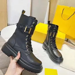 Luxury Designer Women locomotive Boots Gold metal letters Genuine Leather Thick bottom Martin Boot Platform Middle heel Autumn and winter Shoes Size 35-41 With box