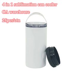 CA Warehouse Heat Press Straight Tumbler Sublimation White 16OZ 4 in 1 Can Cooler With Portable Thick Handle Lid and Black Plastic Lids C004