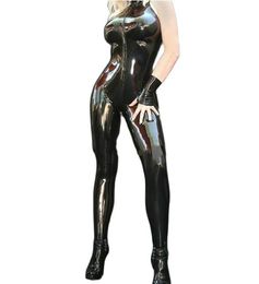 Fashion Catsuit Costumes PVC Faux Leather Sleeveless jumpsuit Attached Socks 3-way Front zipper to Hip with short Gloves Black Bodysuit Party