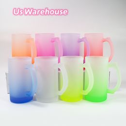 US WAREHOUSE 16oz sublimation Coloured frosted glass tumbler Coloured bottom mugs blanks coffee cup with handle DIY printing Multicolor Z11