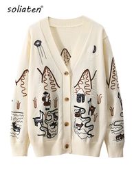 2022 Spring High Quality Fashion Embroidery V-Neck Oversized Cardigan Long Sleeve Single Breasted Button Knitted Sweater C-092