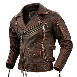 Men s Leather Faux Motorcycle Cowhide Genuine Jacket Slim Stone Milled Retro Calfskin Coat Moto Biker Riding Clothes 220916