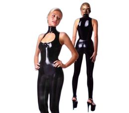 Fashion womens Catsuit Costumes PVC Faux Leather sexy girls black High Collar Sleeveless Round Neck Hollow out jumpsuit front Zipper