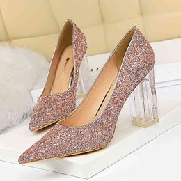 9217-1 Sandals Fashion Transparent Crystal Heel Thick High Shallow Mouth Pointed Sexy Nightclub Shining Sequin Shoes