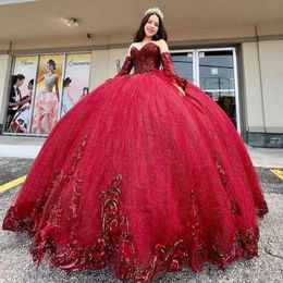 2022 Bourgogne Quinceanera Robes Robe De Bal Rouge Foncé Paillettes Perles Bretelles À Lacets Princesse Paillettes Robe Scintillante Doux 16 Robe De 15 Anos Quinceanera