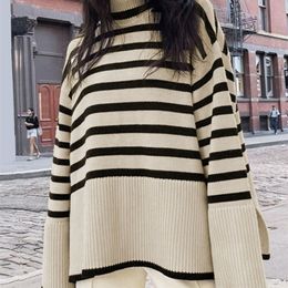 Women's Sweaters Black And White Stripe Sweater Streetwear Loose Tops Women Pullover Female Jumper Long Sleeve Turtleneck Knitted Ribbed Sweaters 220916