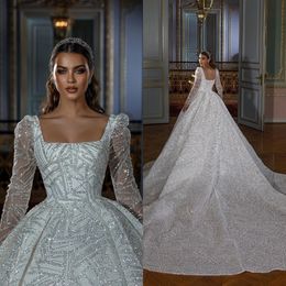 Sparking Dubai Wedding DressCrystals Sequined Bridal Gowns Square Collar Royal Train Robe de mariee
