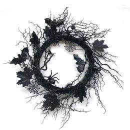 Decorative Flowers G5AB Halloween Black Wreath 3D Faux Bat Leaf Ornament Front Door Twigs Garland