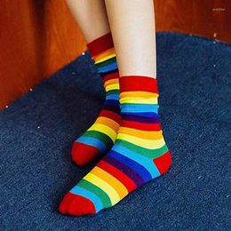 Women Socks Rainbow Striped Cotton For Candy Colour Sporty Meias Casual Retro Streetwear Harajuku Female Long Autumn & Hosiery