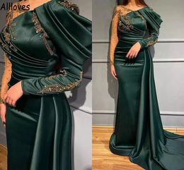 Dark Green Saudi Arabia Mermaid Evening Dresses With Long Sleeves Sparkle Crystals Beads Prom Reception Gowns Formal Ruched Satin Peplum Vestidos De Festa CL1151