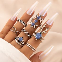 Bohemian Blue Rhinestone Elk Animals 7pcs/set Ring for Women Hollow Heart Crown Silver Color Geometry Jewelry