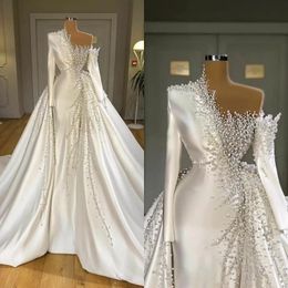 -2023 Vestidos de noiva de sereia elegantes pérolas pesadas com mangas longas de trem destacável cetim vestidos de noiva de cetim personalizados manto de luxo BC14384 GB0916