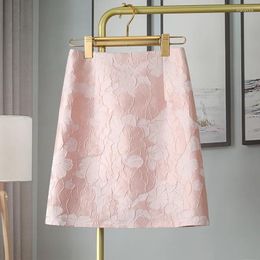 Skirts Pink Jacquard Skirt Womens 2022 Summer Temperament Ladies High Waist A-Line Showing Thin Mini Jupe Femme Faldas