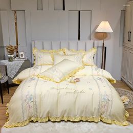 Bedding Sets Luxury Flowers Embroidery Princess Ruffles Set Egyptian Cotton Quilt/Duvet Cover Bed Comforter Linen Pillowcases