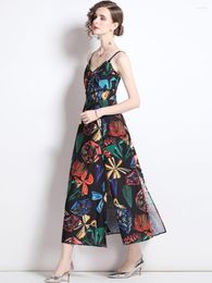 Casual Dresses Sexy Summer Tropical Printed Sling Dress Ladies Spaghetti Strap V Neck Split Floral Sundress Vacation Backless Chiffon