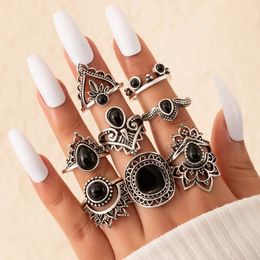 Vintage Silver Colour Rhinestone Joint Ring Sets for Women Hollow Geometry Alloy Metal Party Jewellery 8pcs/sets