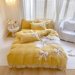 Bedding Sets Winter Thick Velvet Fleece Bow Embroidery Princess Set Lace Ruffles Quilt/Duvet Cover Bed Linen Fitted Sheet Pillowcases