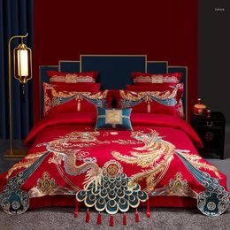 Bedding Sets Luxury 4/6/9Pcs Satin Jacquard Chinese Wedding Set 1000TC Egyptian Cotton Gold Long Phoenix Tassel Quilt Cover Bedspread