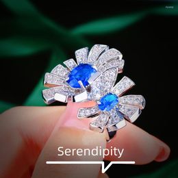 Wedding Rings Fashion Flower Adjustable Ring Inlay Blue Oval Cubic Zirconia Elegant Temperament Jewellery For Women Engagement Gifts