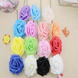 Faux Floral Greenery 10Pcs Artificial Flower 8Cm With Pole Rose Foam Flower Head Bridal Bouquet Wedding Decoration Gift J220906