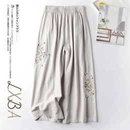 Women's Pants Capris Cotton and linen casual pants women's plus size summer fashion retro embroidery thin section straight wide leg nine-point pants 220916