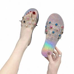 2022 women Summer Rhinestone Slippers Woman Transparent Colorful Ladies Flats Slides Bling New Open Toe Female Elegant Casual Shoes