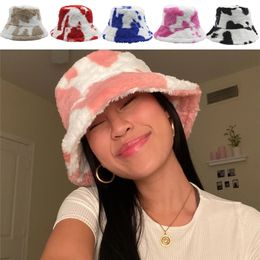 Stingy Brim Hats Women Fashion Cow Print Bucket Hats Women Winter Outdoor Warm Faux Fur Fisherman Cap Fluffy Panama Soft Velvet Furry Sun Hat 220916