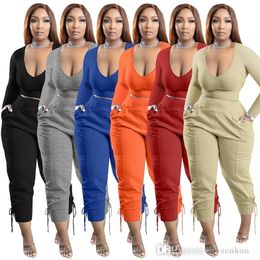 Plus Size 5XL Women Two Piece Pants Set Fall Ladies Sweatsuits Long Sleeve V-neck Crop Top Trousers Bandage Outfits