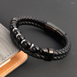 Charm Bracelets 2022 Men Punk Beaded Natural Stone Braided Leather Bracelet For Stainless Steel Magnetic Clasp Fashion Bangles Jewelry