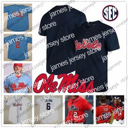 College Baseball Wears Custom Ole Miss Rebels 2019 Baseball Any Number Name White Red Navy Blue #2 Ryan Olenek 13 Zack Cozart Men Youth Kid Jersey