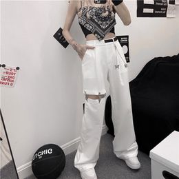 Women's Pants Capris Harajuku Streetwear Women Pants with Belt Chain Hip Hop Loose Hollow Pants Woman Summer Design Straight Leg Trousers S-3XL 220916