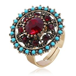 Vintage Luxury Red Crystal Turquoises Ring Indian Jewellery Retro Flower Gold Colour Alloy Round Adjustable Finger Ring For Women