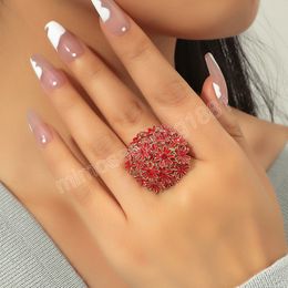 Luxury Zircon Red Pink Flower Ring For Women Ethnic Classic Gold Colour Adjustable Ring Wedding Party Jewellery