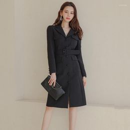 Casual Dresses Autumn Blazer Dress Women Notched Collar Knee-Length Single Breasted Party Plus Size With Belt Korean Black Slim D202