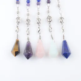 Natural Stones Pendants Cone Buddha Head 3D Pendulum 7 Chakra Chain for Dowsing Wicca Hexagon Reiki Amethysts Lapis BN450