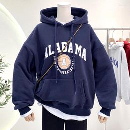 Women's Hoodies Dark Blue Fashion American Vintage Letters Print Women Winter Tops Casual Oversized Streetwear Hip Hop Clothes For Teens