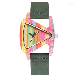 Wristwatches Unique Colourful Wood Watch Creative Triangle Shape Dial Hour Clock Women Quartz Leather Bracelet Women's Wrist