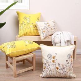 Pillow American Flower Embroidered Cover Yellow And White Cotton Pillowcase Home Car Decorative For Sofa