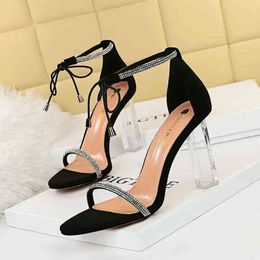 322-3 Sandals Style Fashion Sexy Nightclub Summer High-heeled Shoes Transparent Heel Super Rhinestone One-sided Belt Sandals
