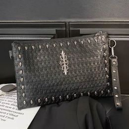 Luxury Designer studded shoulder bag for Men - Soft Leather Satchel with Metal Skull Design and Punk Elements