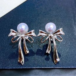 1 Diamondbox -Jewelry earrings ear studs silver blue PEARL sterling 925 silver bow knot ribbon akoya 6.5-7 mm round pendant charm gift idea girl