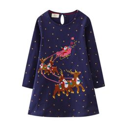 Girls Dresses Jumping Metres Christmas Girls Dresses Embroidery Deer Santa Claus Fashion Toddler Kids Clothes Selling Long Sleeve Costume 220915