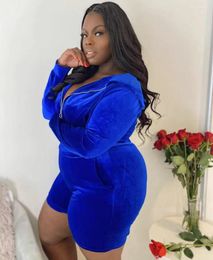 Tracksuits Plus Size 4XL 3XL Women Clothing Two Piece Set Hooded Tops And Shorts Blue Outfits Sexy Velvet 2 Sets Tracksuit