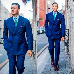 Men's Suits 2 Pieces Blue Men Tailor-Made Blazer Pants Fit Slim Double Breasted Business Wedding Tuexdos Formal Office Daily Prom Wear