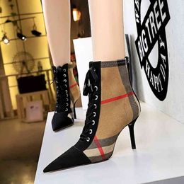 8788-13 Sandals Korean Fashion Thin Heel High Pointed Cheque Colour Matching Suede Lace Up Trend Cross Strapping Boots
