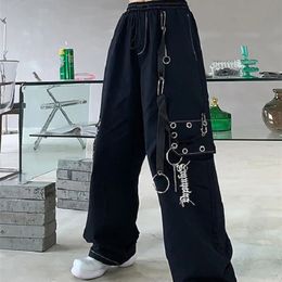 Women's Pants Capris QWEEK Gothic Harajuku Black Cargo Pants Women Chain Wide Leg Goth Hippie Streetwear White Trousers Loose Female Baggy Fashion 220916