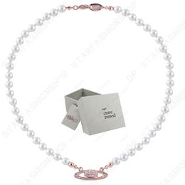 Wholesale Saturn Necklaces Pearl Beaded Diamond Tennis Necklace Woman Silver Chains Vintage Trendy Style Desigenr With box